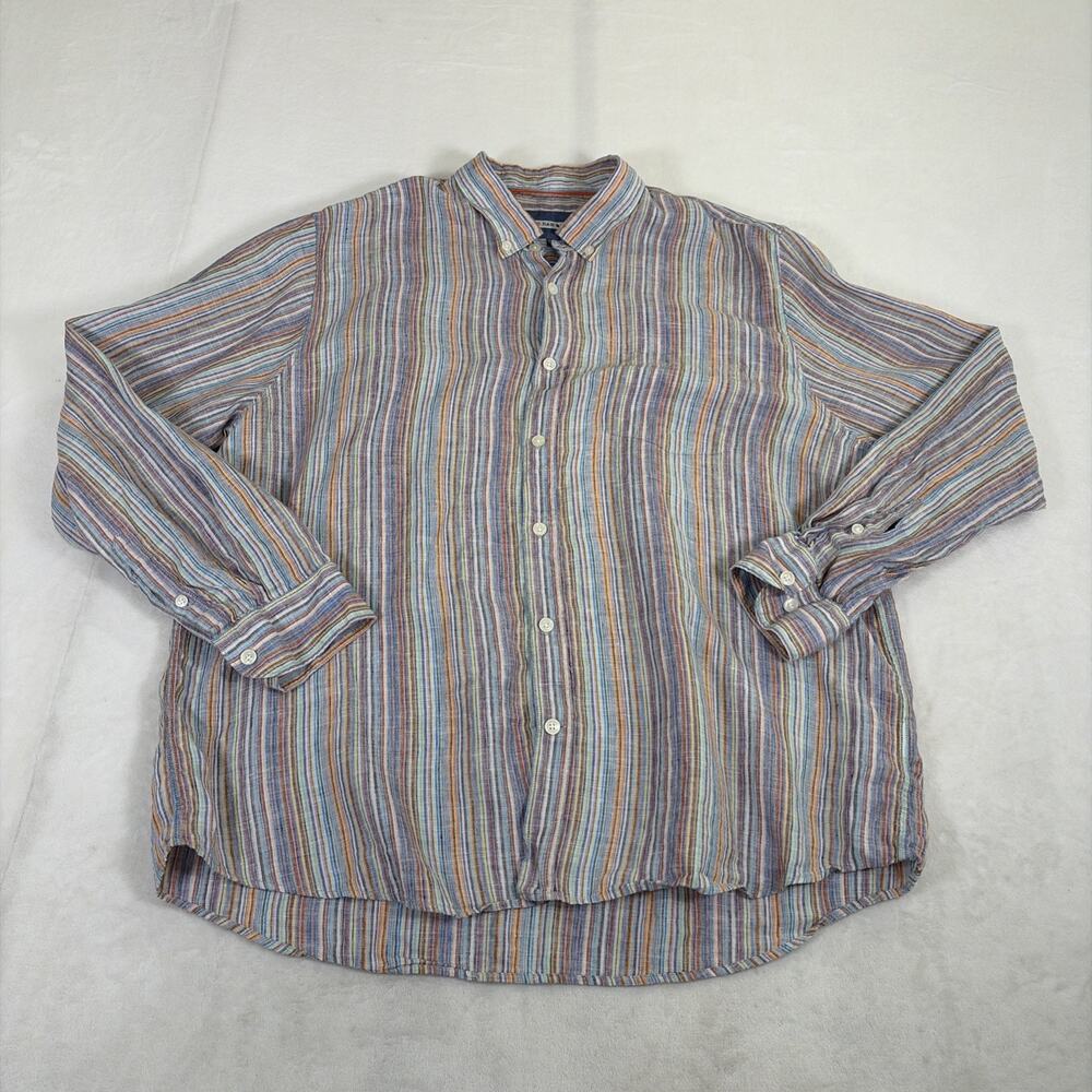 32 Bar Blues 100% Linen Shirt Men`s Sz XXL Multi-Colorful Stripes Long Sleeve